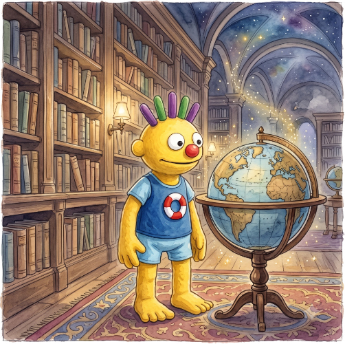 Felipín descubriendo un globo terráqueo mágico en la biblioteca de cuentos infantiles