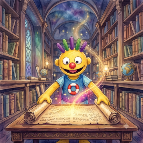 Felipín leyendo un pergamino mágico antiguo en el rincón de lectura